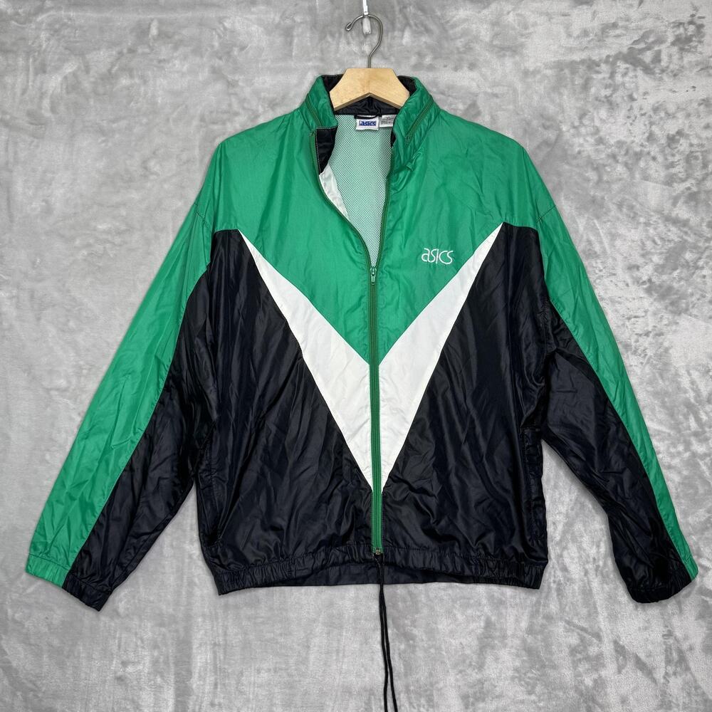VINTAGE ASICS Track Windbreaker Jacket Mens Medium Green Black Colorblock 90s